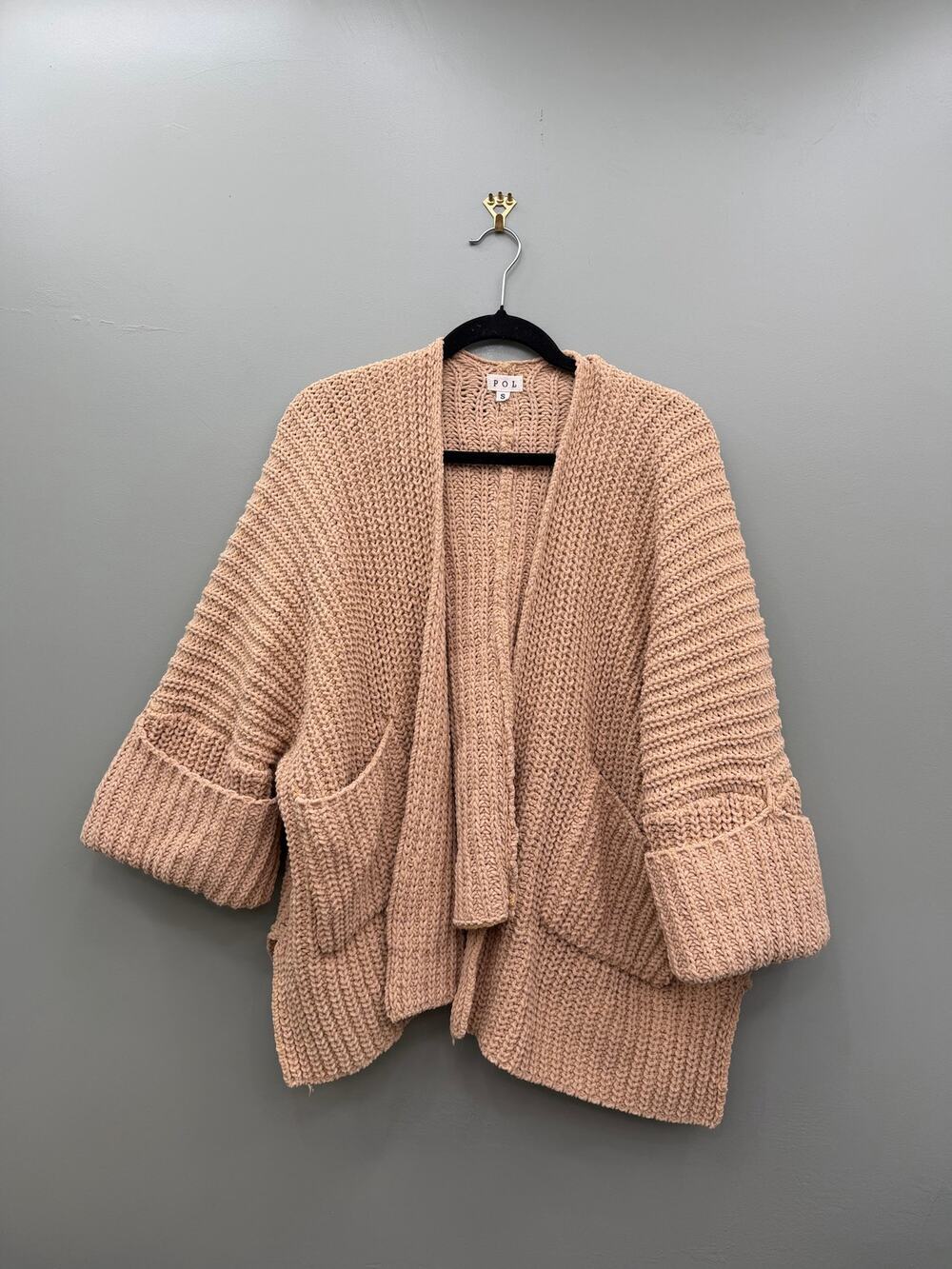 POL Chunky Knit Oversized Open Front Cardigan Beige Small Cozy